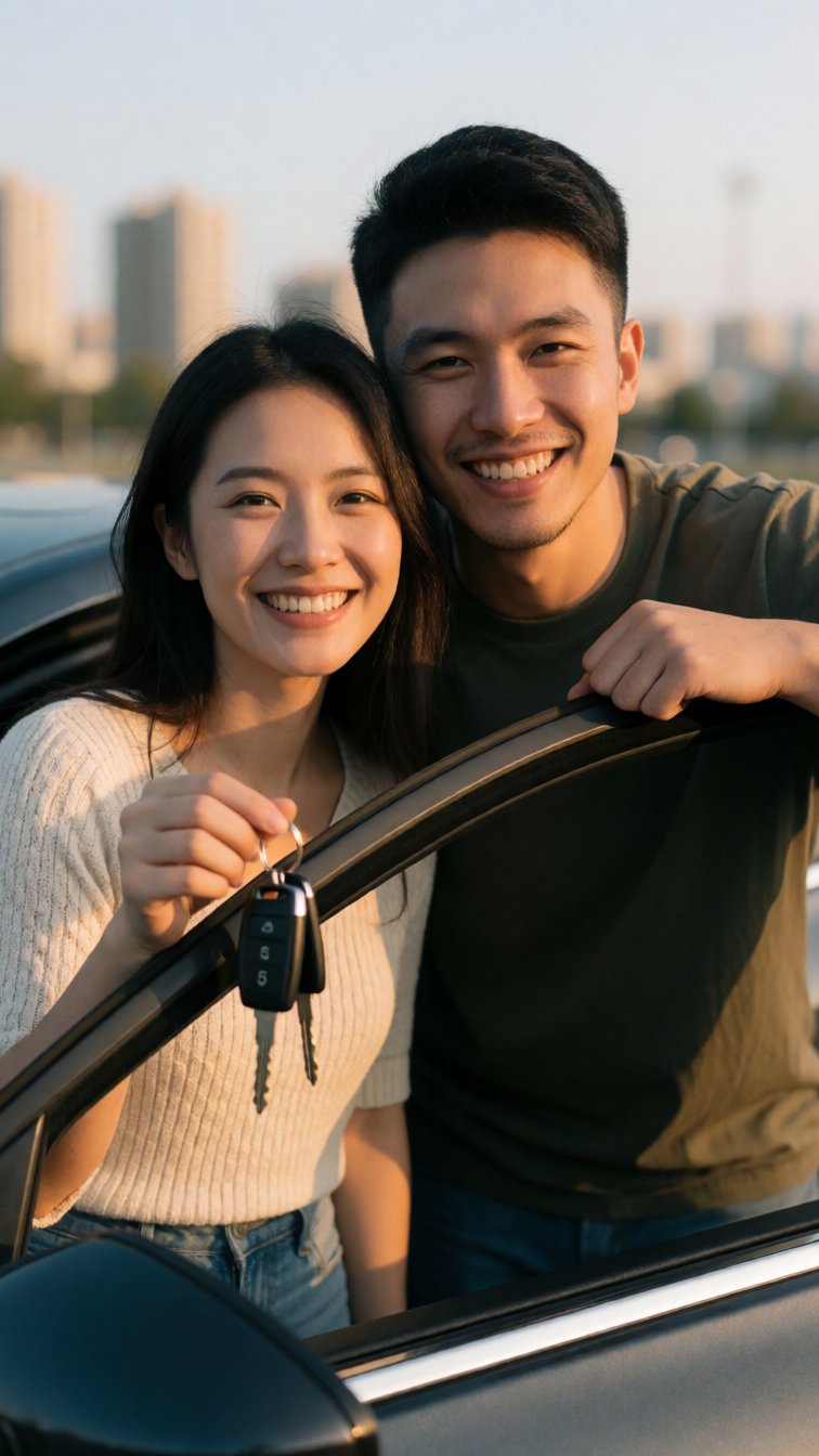 A couple holding the keys to their new car